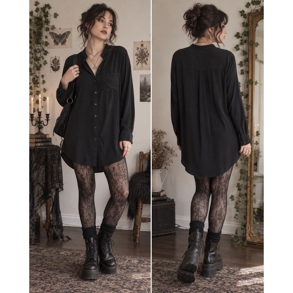 Eileen Fisher 100% Silk Crepe Button Front Long Tunic Blouse Black S Lagenlook